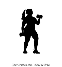 Vector illustration. Silhouette of a fat girl with dumbbells in her hands. Slimming. Healthy lifestyle.