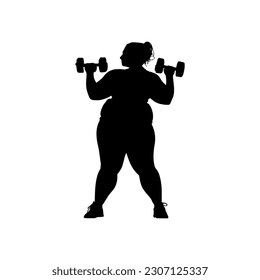 Vector illustration. Silhouette of a fat girl with dumbbells in her hands. Slimming. Healthy lifestyle.