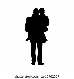vector illustration of the silhouette of a father carrying his child home from school