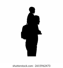 vector illustration of the silhouette of a father carrying his child home from school