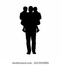 vector illustration of the silhouette of a father carrying his two children home from school