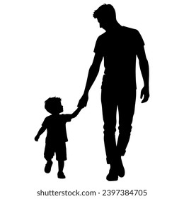 Vector illustration. Silhouette of a father and son walking hand in hand.