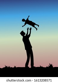 vector illustration silhouette father throws his son up