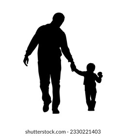 Vector illustration. Silhouette of a father walking hand in hand with his child son.