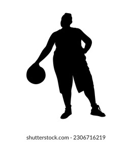 Vector illustration. Silhouette of a female basketball player. Body Positive. Fat girl goes in for sports.
