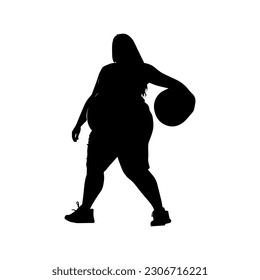 Vector illustration. Silhouette of a female basketball player. Body Positive. Fat girl goes in for sports.