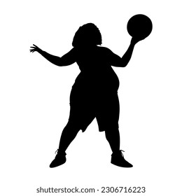 Vector illustration. Silhouette of a female basketball player. Body Positive. Fat girl goes in for sports.