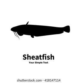 Vector illustration silhouette of fish catfish. Drawing, image isolated on a white background. Sheatfish logo icon. Side view profile.