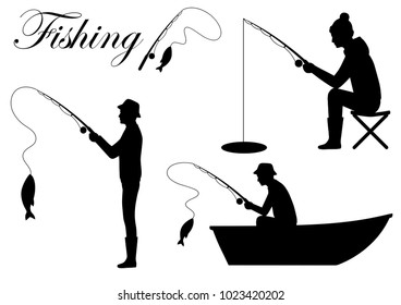 Vector Illustration Of A Silhouette Fisherman Icon, Man Cath Fish On Fishing Rod 