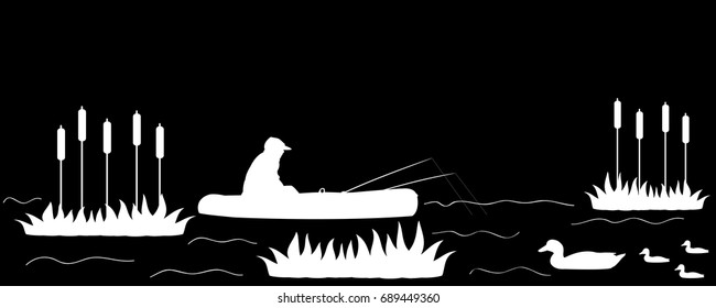 Vector illustration of silhouette the fisherman on the lake.
