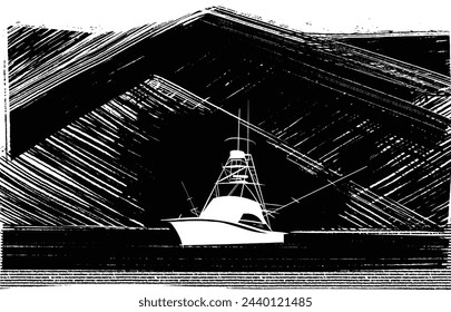 vector illustration of a silhouette fishing boat ship in the sea
