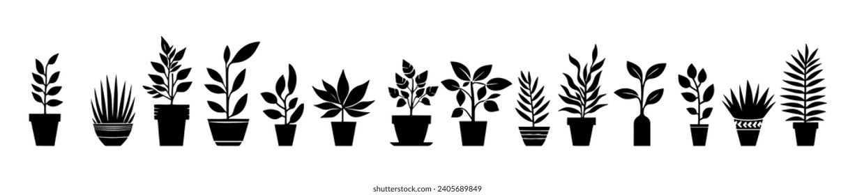 Vector illustration. Silhouette of flowers in pots. Large set of plants.