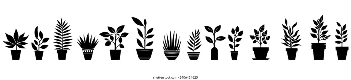 Vector illustration. Silhouette of flowers in pots. Large set of plants.