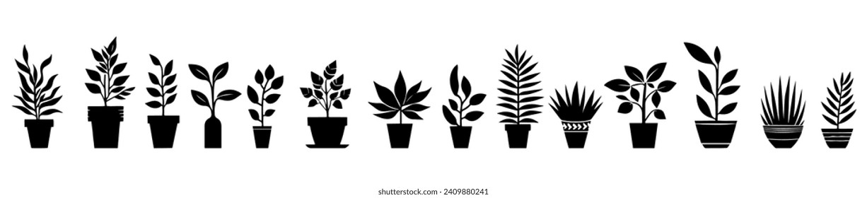 Vector illustration. Silhouette of flowers in pots. Large set of plants.