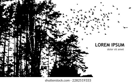 Vector illustration, silhouette of flying birds and tree branches, freedom