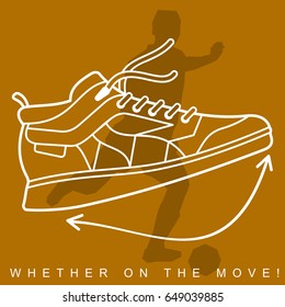 Vector illustration of silhouette of football player and sneakers. Sports shoes and player in european football, soccer. Advertisements, brochures. Isolated on a white background