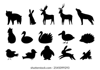 Ilustração vetorial silhueta animais da floresta. Elementos animais bonitos isolados sobre fundo branco. Urso, lebre, alce, veado, lobo, ouriço, corvo-marinho, raposa, pássaro