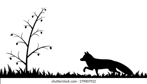 Vector illustration the silhouette of fox in the grass.