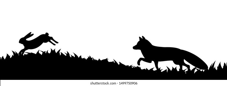 Vector illustration the silhouette of fox and hare in the grass.