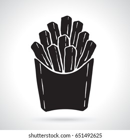 Vector illustration. Silhouette of french fries in a paper pack. Unhealthy food. Patterns elements for menus, signboards, showcases, wallpapers