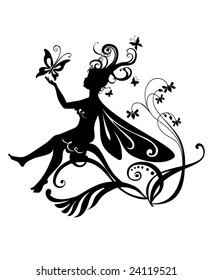 Vector Illustration Silhouette of funky fairy on flower pattern design