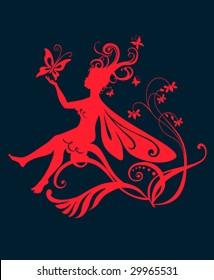 Vector Illustration Silhouette of funky fairy on flower pattern design