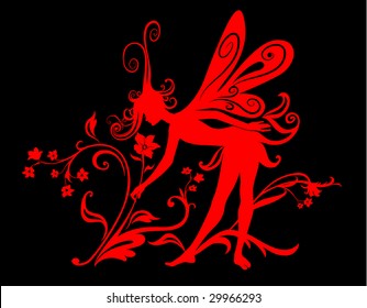 Vector Illustration Silhouette of funky fairy on flower pattern design