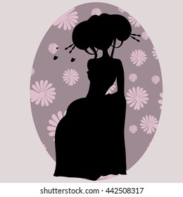 vector illustration silhouette of a geisha in a kimono with a fan