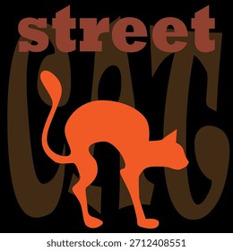 Ilustração vetorial de uma silhueta de um gato de gengibre em uma pose graciosa e ameaçadora contra o fundo da inscrição "gato de rua".