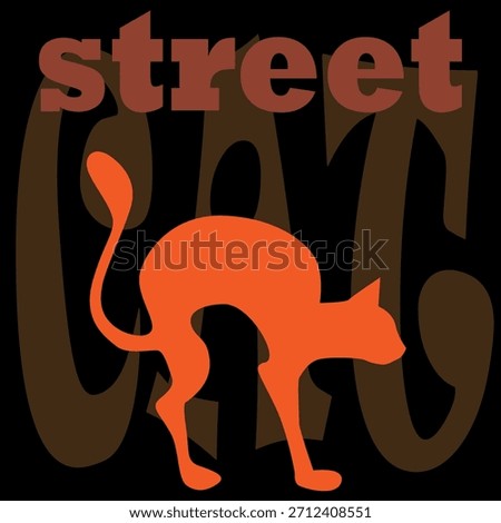 Vector illustration of a silhouette of a ginger cat in a graceful, threatening pose against the background of the inscription "street cat".