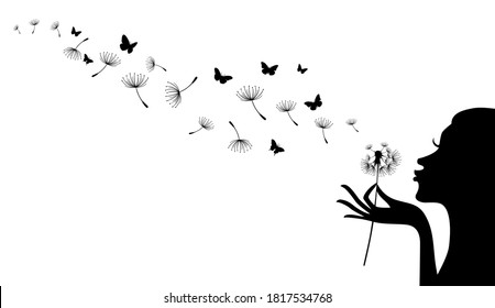 Vector illustration of silhouette of girl blowing to dandelion. Conceptual illustration of freedom and serenity