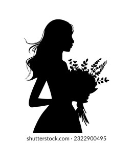 Ilustración vectorial. Silhouette de una chica con un ramo de flores en sus manos.