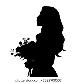 Vector illustration. Silhouette of a girl with a bouquet of flowers in her hands.