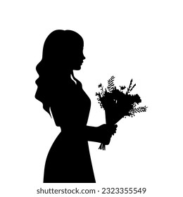 Vector illustration. Silhouette of a girl with a bouquet of flowers in her hands.