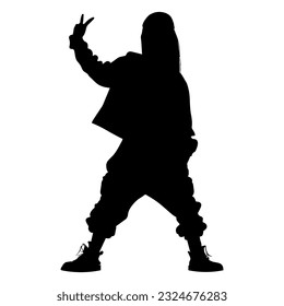 Vector illustration. Silhouette of a girl dancer in baggy hip-hop clothes.