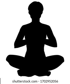 Vector illustration. Silhouette of a girl  is doing yoga sitting in lotus position, meditation. Black silhouette. Vector illustration isolated on white background. 