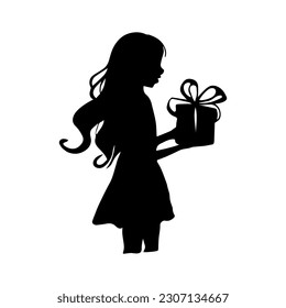 Vector illustration. Silhouette of a girl with a gift in her hand. Birthday.