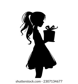 Vector illustration. Silhouette of a girl with a gift in her hand. Birthday.