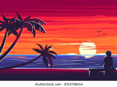 Vector illustration of a silhouette of a girl with a hat sitting on a bench on the beach with palm trees on the background of the sea with the sunset