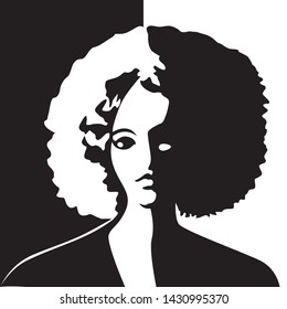 Vector illustration of a silhouette of a girl with lush curly hair. Black and white retro style. Vintage picture of man female style.