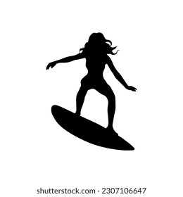 Vector illustration. Silhouette of a girl on a water board. Surfing. Summer.