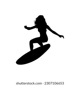 Vector illustration. Silhouette of a girl on a water board. Surfing. Summer.