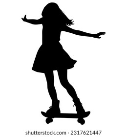 Vector illustration. Silhouette of a girl on a skateboard. The girl balances with her arms outstretched.