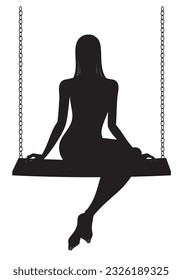 Vector illustration of silhouette of a girl on swing, in black color, isolated, on white background.