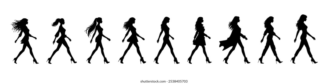 Vector illustration. Silhouette of a girl on a white background. On heels goes sideways.