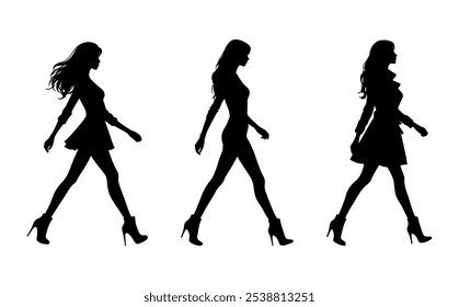 Vector illustration. Silhouette of a girl on a white background. On heels goes sideways.