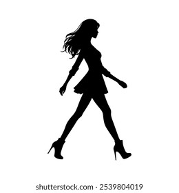 Vector illustration. Silhouette of a girl on a white background. On heels goes sideways.