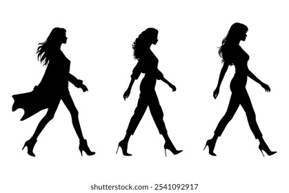 Vector illustration. Silhouette of a girl on a white background. On heels goes sideways.