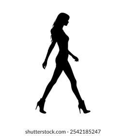 Vector illustration. Silhouette of a girl on a white background. On heels goes sideways.