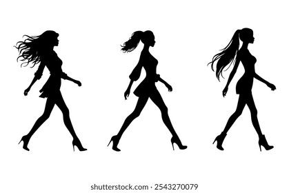 Vector illustration. Silhouette of a girl on a white background. On heels goes sideways.